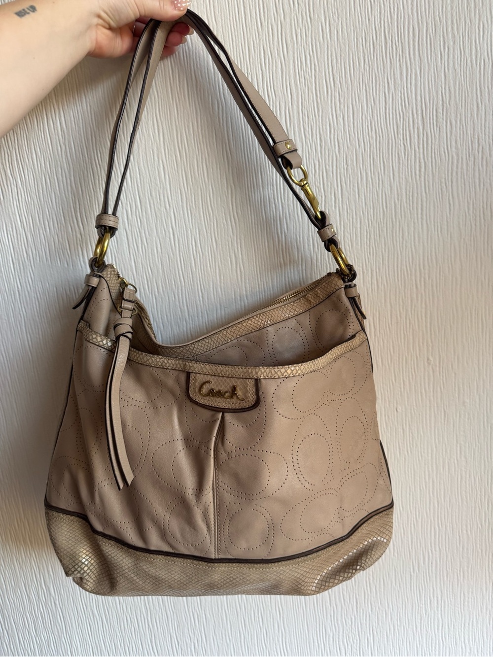 Coach Taupe Hobo Bag with Gold-Tone Accents